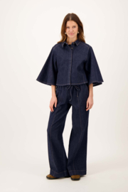 Denim blouse met wijde mouw - donkerblauw | Zusss