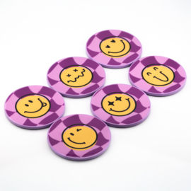 OZ3315 | Set van 6 onderzetters met rekje - smiley | HomeBound by KY