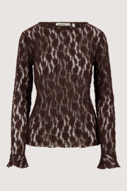 Kanten top met ruffle mouw - chocolade bruin | Zusss