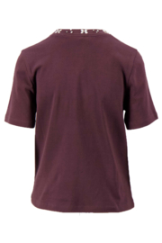 T-shirt met kralen hals en korte mouw -burgundy | Zusss
