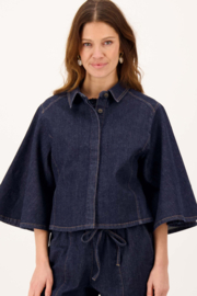 Denim blouse met wijde mouw - donkerblauw | Zusss