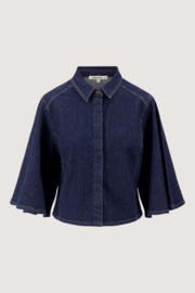 Denim blouse met wijde mouw - donkerblauw | Zusss