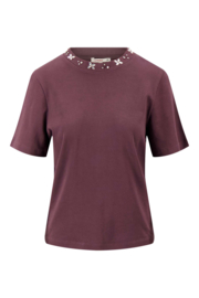 T-shirt met kralen hals en korte mouw -burgundy | Zusss