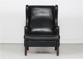 Danish Modern Wingback Chair with Stool  in Kaare Klint Style, Stained beech and Black Leather