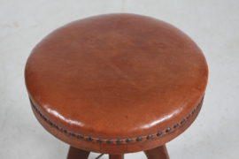 Danish Sculptural 3-Legged Wood Bar/Desk Swivel Stool with Leather Seat 1920s