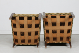 Danish Art Deco 2 Club Chairs Almost Identical of Dark Wood and Checked Velour, 1940s