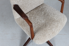 Hans J. Wegner Style Vintage Swivel Chair Reupholstered with New Sheepskin 1940s. Danish Modern Furniture.