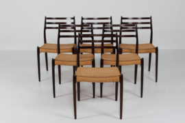 SOLD - N. O. Møller Set of 6 Dining Chairs No. 78 of Dark Mahogany by J.L. Møller in Denmark. Danish Modern 1960s.