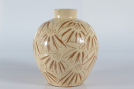 SOLD - Large Herman A Kähler Sgraffito Floor Vase with Cream Yellow Glaze. Denmark 1940-50s.