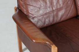 Finn Juhl style Two-Seat Sofa with Dark Cognac-Colored Leather Made in Denmark. Mid-century Modern