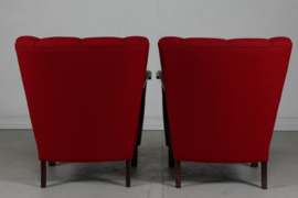 Pair of Art Deco Easy Chairs in Viggo Boesen Style, Dark Stained Beech + Red Wool, Denmark 1930's