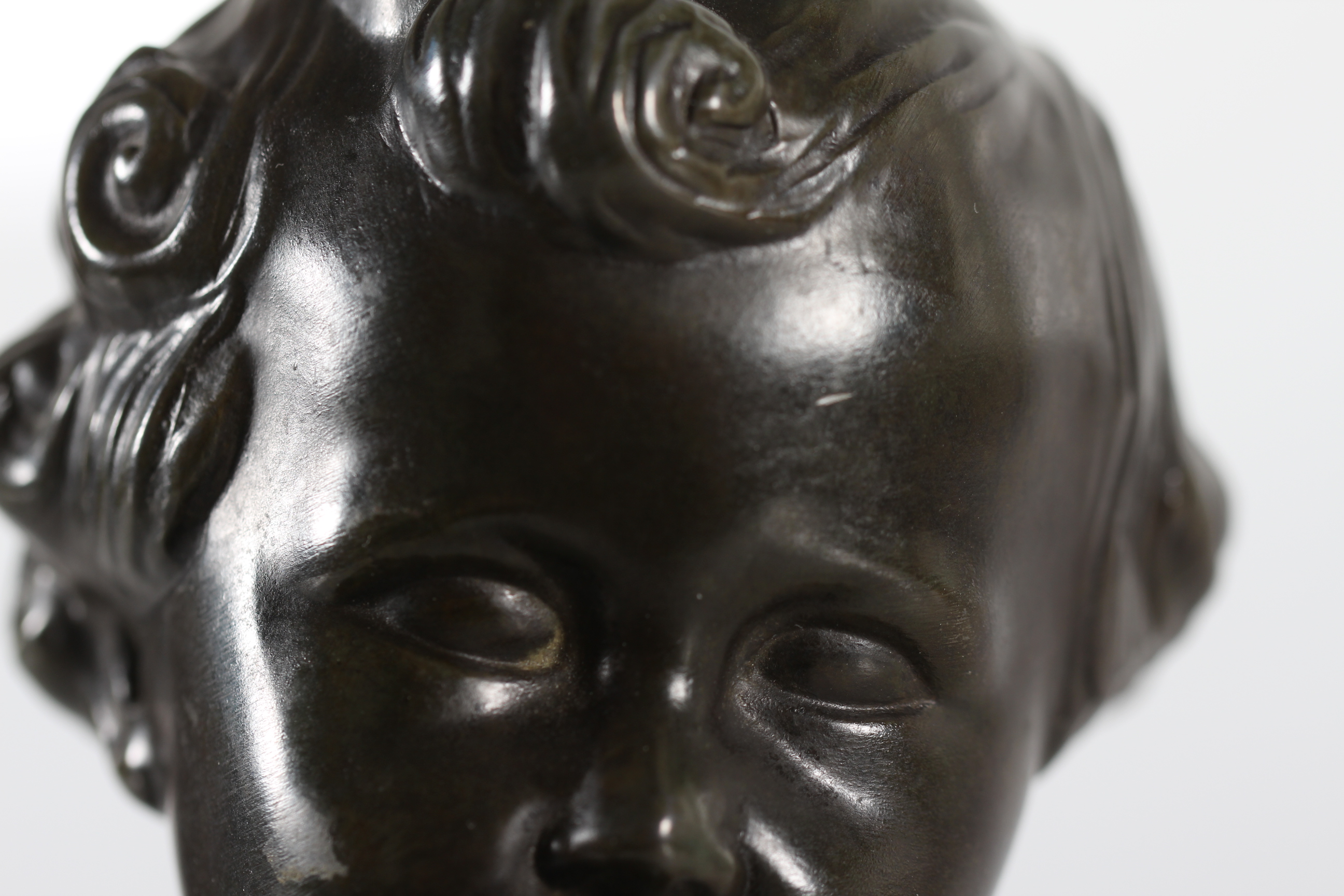 Just Andersen Figurine of Naked Boy, Disco Metal on Marble Plate, Denmark 1940s