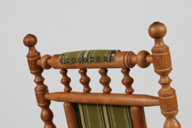 Danish Rocking Chair in the Style of Henning Kjærnulf. Solid Oak, Striped Wool and Brass Nails 1970s. Vintage Danish Design.