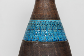 Huge Aldo Londi for Bitossi Table Lamp, Blue and Brown Italian Ceramic with New Shade, 1960s
