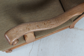 Stunning High Back King Chair of Solid Oak with Greenish Wool Denmark 1930-40. In the  Style of Axel Einar Hjorth/Henning Kjærnulf.