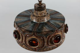 Jette Hellerøe Ceramic Pendant with Amber Color Glass by Axella Denmark 1970s. Rustic Danish Lightning.