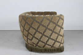 Danish Art Deco Curved Sofa/ Couch, Green Velour Upholstery with a Diagonal Floral Design. Made in Denmark in the 1950s.