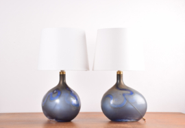 SOLD! Pair of Large Michael Bang for Holmegaard Lamp Art "Asymmetrisk" Midnight Blue Sculptural Glass Table Lamp. Danish Modern Lighting 1970s