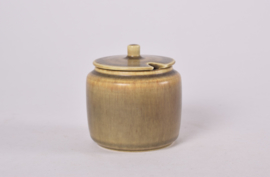 SOLD Per Linnemann-Schmidt for PALSHUS Denmark  Sugar Bowl / Jam Jar / Preserve Pot Olive Green Haresfur Glaze Danish Mid-century Pottery