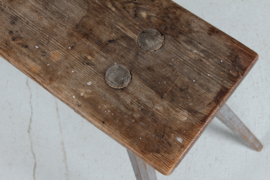 High Antique Swedish Bench of Solid Pine, Partly with Grey Paint which gives is Patina, Mid 19th Century