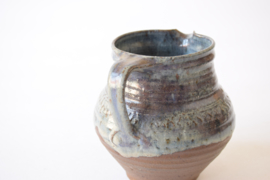 Gutte Eriksen Studio Pottery Small Pitcher with Blue & Brown Glaze and Embossed Decor Danish Mid-century Ceramic