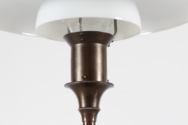 Sold - Danish Art Deco Table Lamp, Patinated Brass with Shades of White Opaline Glass, Fog & Mørup 1940s. Danish Lightning