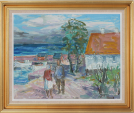 Danish Artist Svend Nielsen Oil Painting with Motif from Gudhjem, Bornholm 1960s
