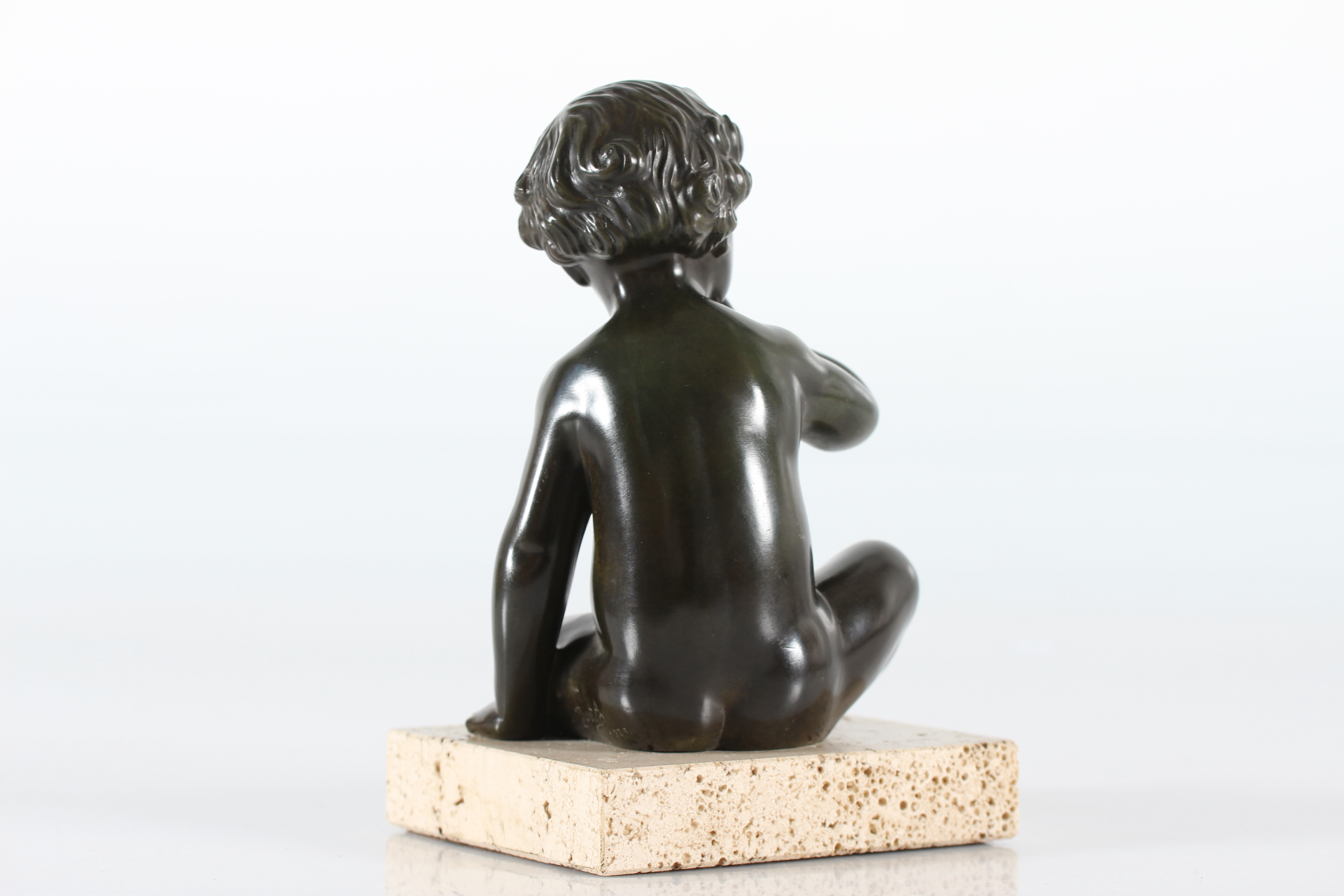 Just Andersen Figurine of Naked Boy, Disco Metal on Marble Plate, Denmark 1940s