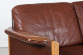 Finn Juhl style Two-Seat Sofa with Dark Cognac-Colored Leather Made in Denmark. Mid-century Modern
