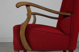 Pair of Art Deco Easy Chairs in Viggo Boesen Style, Dark Stained Beech + Red Wool, Denmark 1930's