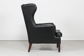Danish Modern Wingback Chair with Stool  in Kaare Klint Style, Stained beech and Black Leather