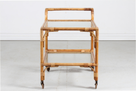 Vintage Cane Bar/Drinks Trolley on Wheels with Frosted Glass, Denmark, 1950s