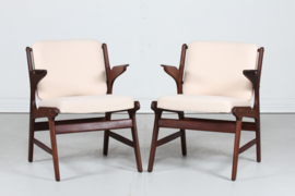 Arne Hovmand-Olsen Pair of Teak Armchairs with Light Colored Fabric, Mid-century Danish Modern 1960s.