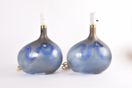 SOLD! Pair of Large Michael Bang for Holmegaard Lamp Art "Asymmetrisk" Midnight Blue Sculptural Glass Table Lamp. Danish Modern Lighting 1970s