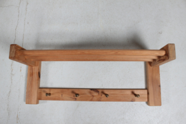 1970s Swedish Brutalist Hall Shelf by Glas Mäster Markaryd, Solid Pine with Brass Hooks, Scandinavian Modern