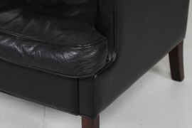 Danish Modern Wingback Chair with Stool  in Kaare Klint Style, Stained beech and Black Leather