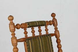 Danish Rocking Chair in the Style of Henning Kjærnulf. Solid Oak, Striped Wool and Brass Nails 1970s. Vintage Danish Design.