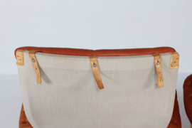 Pair Bruno Mathsson Pernilla Easy Chairs, Beech Wood with Cognac Colored Leather. Dux Sweden 1970s. Scandinavian Modern.