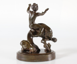 Just Andersen Figurine of Boy on Large Fish Made of Disco Metal, Denmark 1940s.
