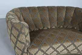 Danish Art Deco Curved Sofa/ Couch, Green Velour Upholstery with a Diagonal Floral Design. Made in Denmark in the 1950s.