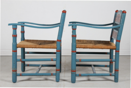 Pair of Antique Farmer Chairs of Blue and Red Painted Wood with Cord Seats Denmark 1880s. In the Style of Axel Einar Hjorth / Thorvald Bindesbøll.
