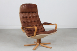 Swedish Sam Larsson "Mona Roto" Swivel Chair Beech and Cognac Colored Leather 1970