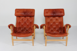 Pair Bruno Mathsson Pernilla Easy Chairs, Beech Wood with Cognac Colored Leather. Dux Sweden 1970s. Scandinavian Modern.