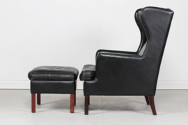Danish Modern Wingback Chair with Stool  in Kaare Klint Style, Stained beech and Black Leather
