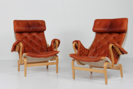 Pair Bruno Mathsson Pernilla Easy Chairs, Beech Wood with Cognac Colored Leather. Dux Sweden 1970s. Scandinavian Modern.