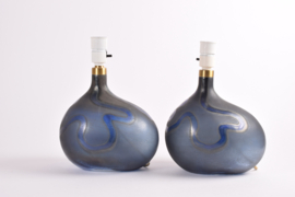 Pair of Michael Bang for Holmegaard Lamp Art "Asymmetrisk" Medium Midnight Blue Sculptural Glass Table Lamps. Danish Modern Lighting 1970s