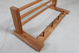 1970s Swedish Brutalist Hall Shelf by Glas Mäster Markaryd, Solid Pine with Brass Hooks, Scandinavian Modern