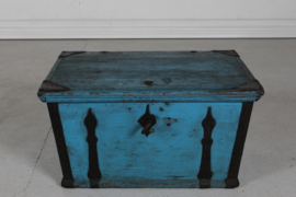 Kid Size Antique Swedish Campaign Chest/Storage Box with Patinated Blue Paint and Iron 1850s