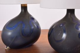 Pair of Michael Bang for Holmegaard Lamp Art "Asymmetrisk" Medium Midnight Blue Sculptural Glass Table Lamps. Danish Modern Lighting 1970s