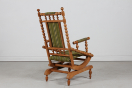 Danish Rocking Chair in the Style of Henning Kjærnulf. Solid Oak, Striped Wool and Brass Nails 1970s. Vintage Danish Design.
